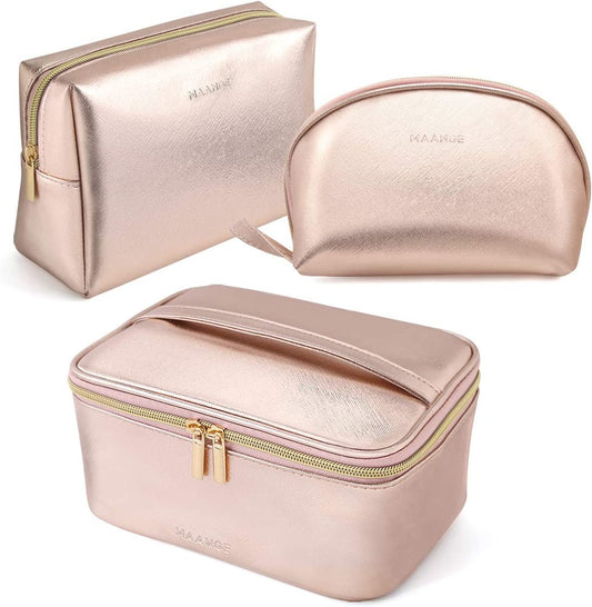3-Piece Portable Travel Makeup Bag Set - Large Organizer with Gold Zipper and Waterproof Toiletry Bags for Women and Girls (Rose Gold)