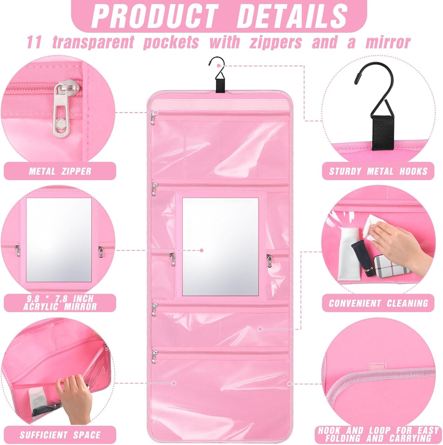 Hanging Toiletry Bag with Mirror for Men Women Travel Kit Large Foldable Beauty Dance Makeup Bag Organizer Storage Waterproof Roll up Cosmetic Case Accessories for Bathroom Shower(Pink)