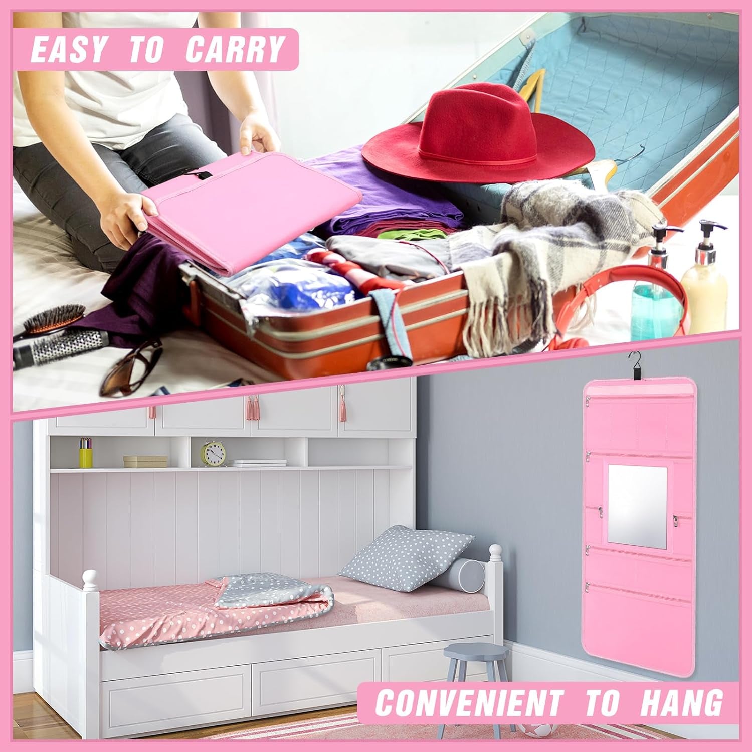 Hanging Toiletry Bag with Mirror for Men Women Travel Kit Large Foldable Beauty Dance Makeup Bag Organizer Storage Waterproof Roll up Cosmetic Case Accessories for Bathroom Shower(Pink)