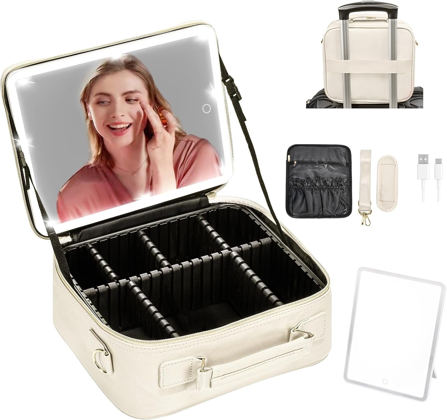 Professional Travel Makeup Bag with LED Mirror and Portable Organizer Case - Ideal Gift for Women and Best Friends - White