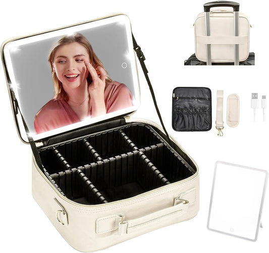 Professional Travel Makeup Bag with LED Mirror and Portable Organizer Case - Ideal Gift for Women and Best Friends - White