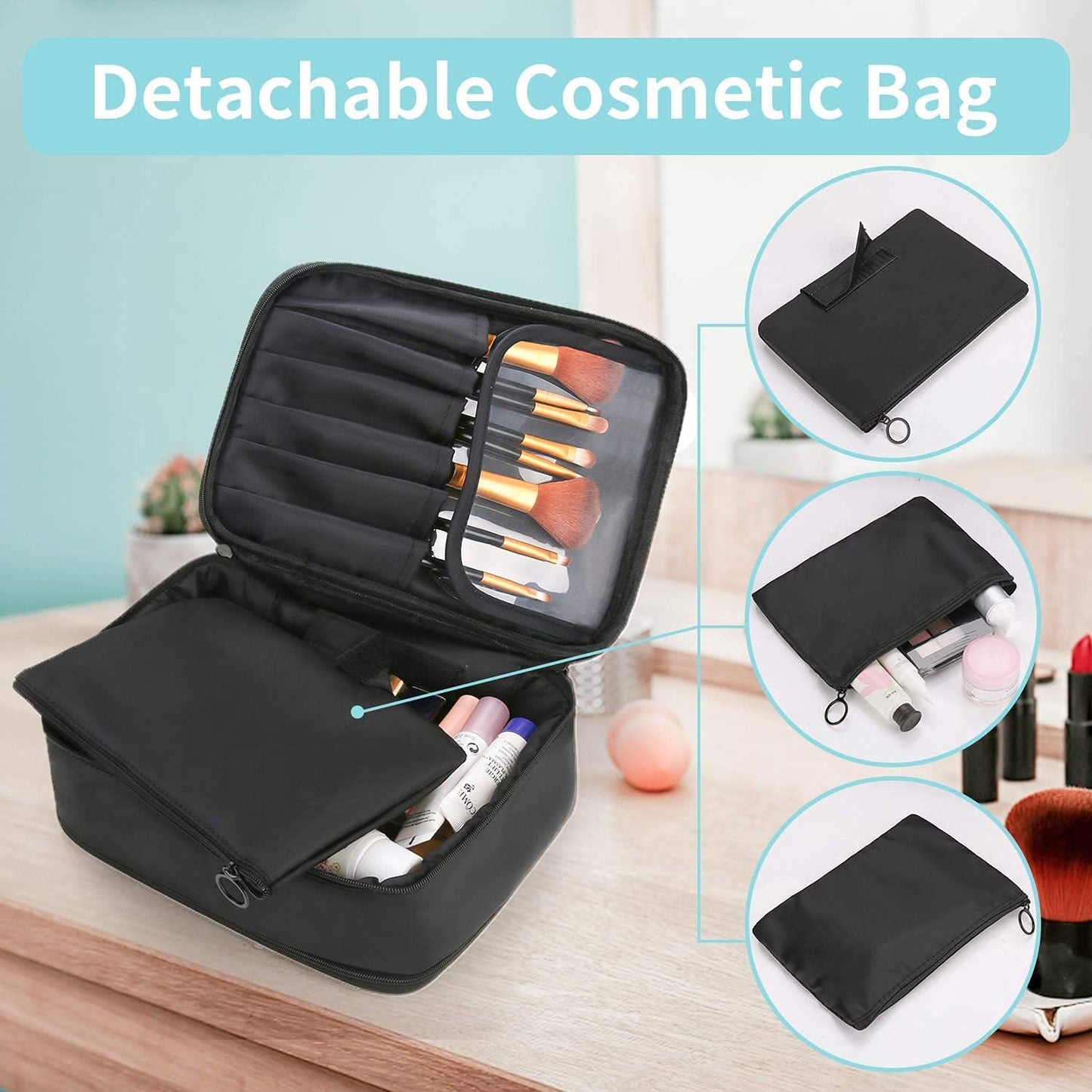 Waterproof Makeup and Jewelry Organizer for Women with Compartments (Black)