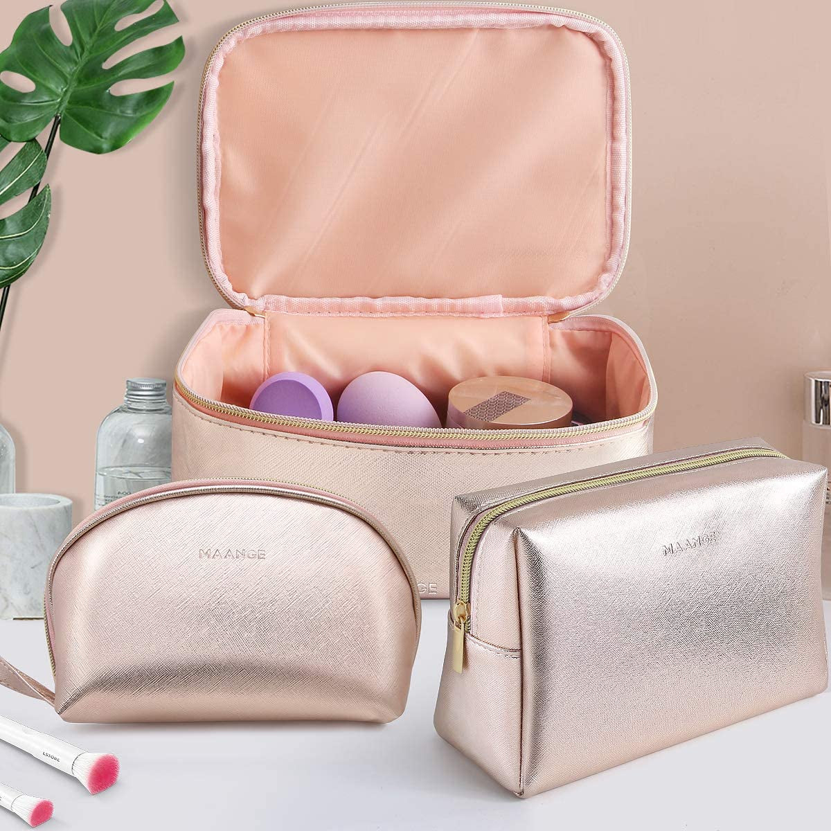 3-Piece Portable Travel Makeup Bag Set - Large Organizer with Gold Zipper and Waterproof Toiletry Bags for Women and Girls (Rose Gold)