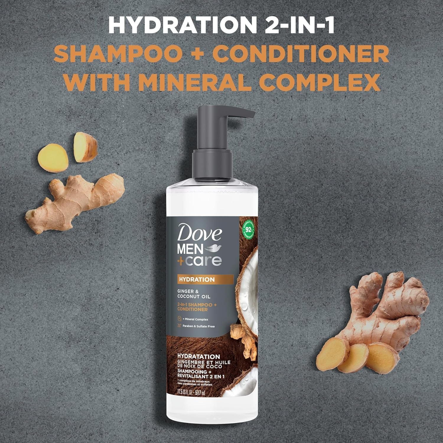 2-In-1 Shampoo + Conditioner Ginger & Coconut Oil for Hydrated Hair, +Mineral Complex, 17.5 Oz