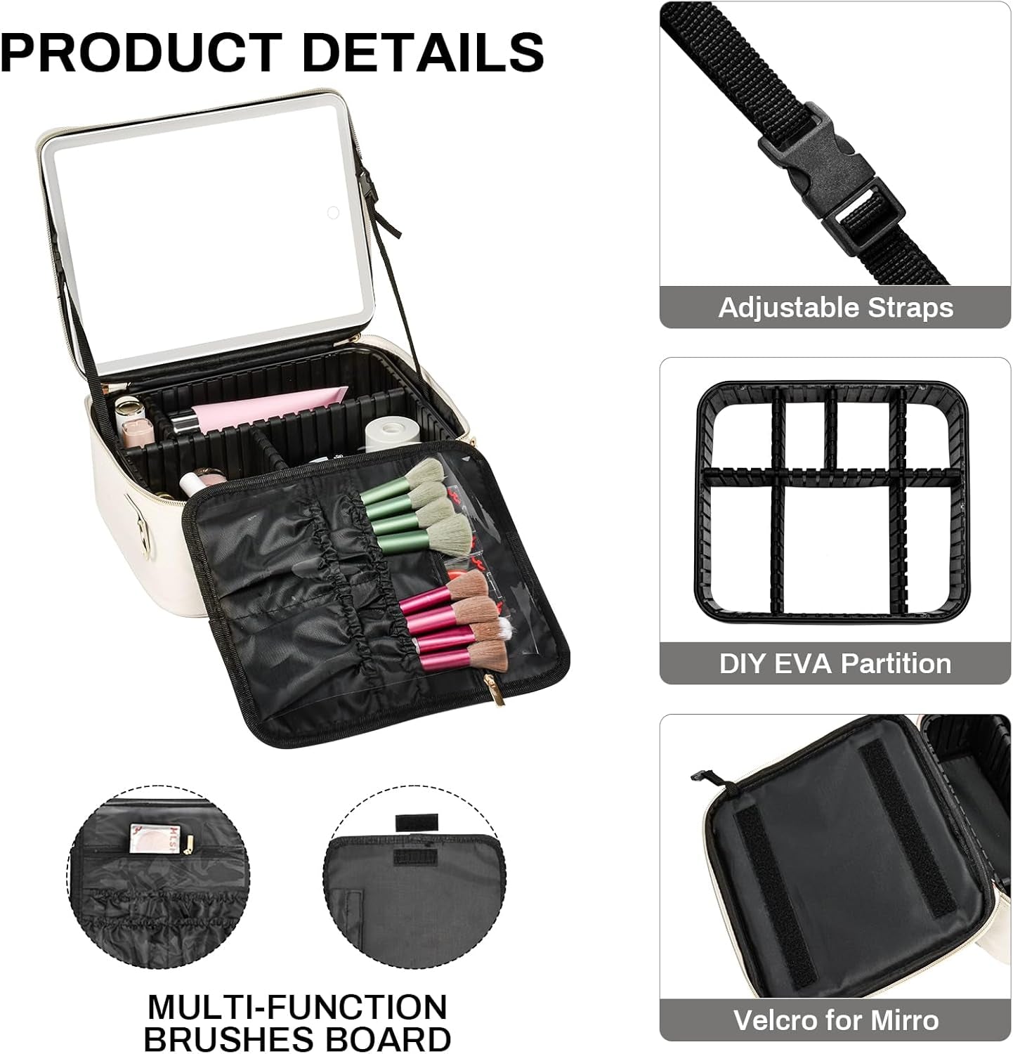 Professional Travel Makeup Bag with LED Mirror and Portable Organizer Case - Ideal Gift for Women and Best Friends - White