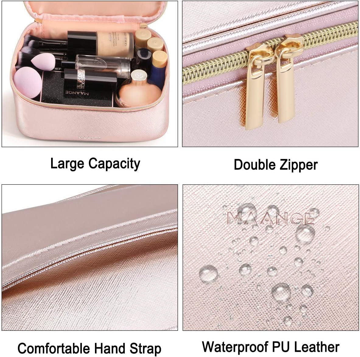 3-Piece Portable Travel Makeup Bag Set - Large Organizer with Gold Zipper and Waterproof Toiletry Bags for Women and Girls (Rose Gold)
