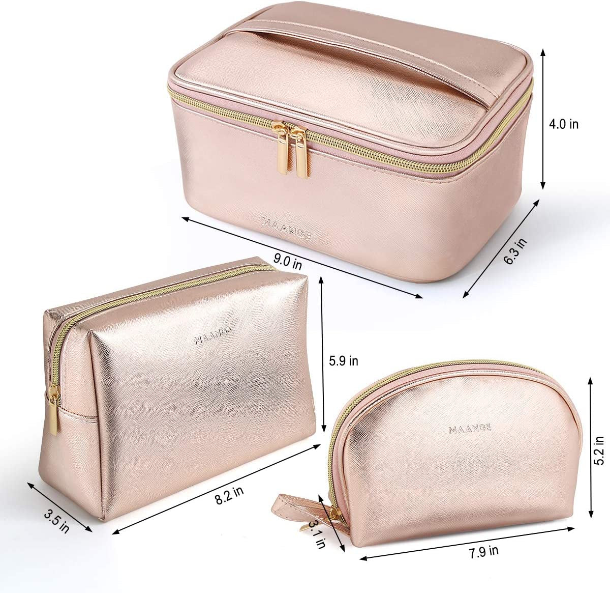 3-Piece Portable Travel Makeup Bag Set - Large Organizer with Gold Zipper and Waterproof Toiletry Bags for Women and Girls (Rose Gold)