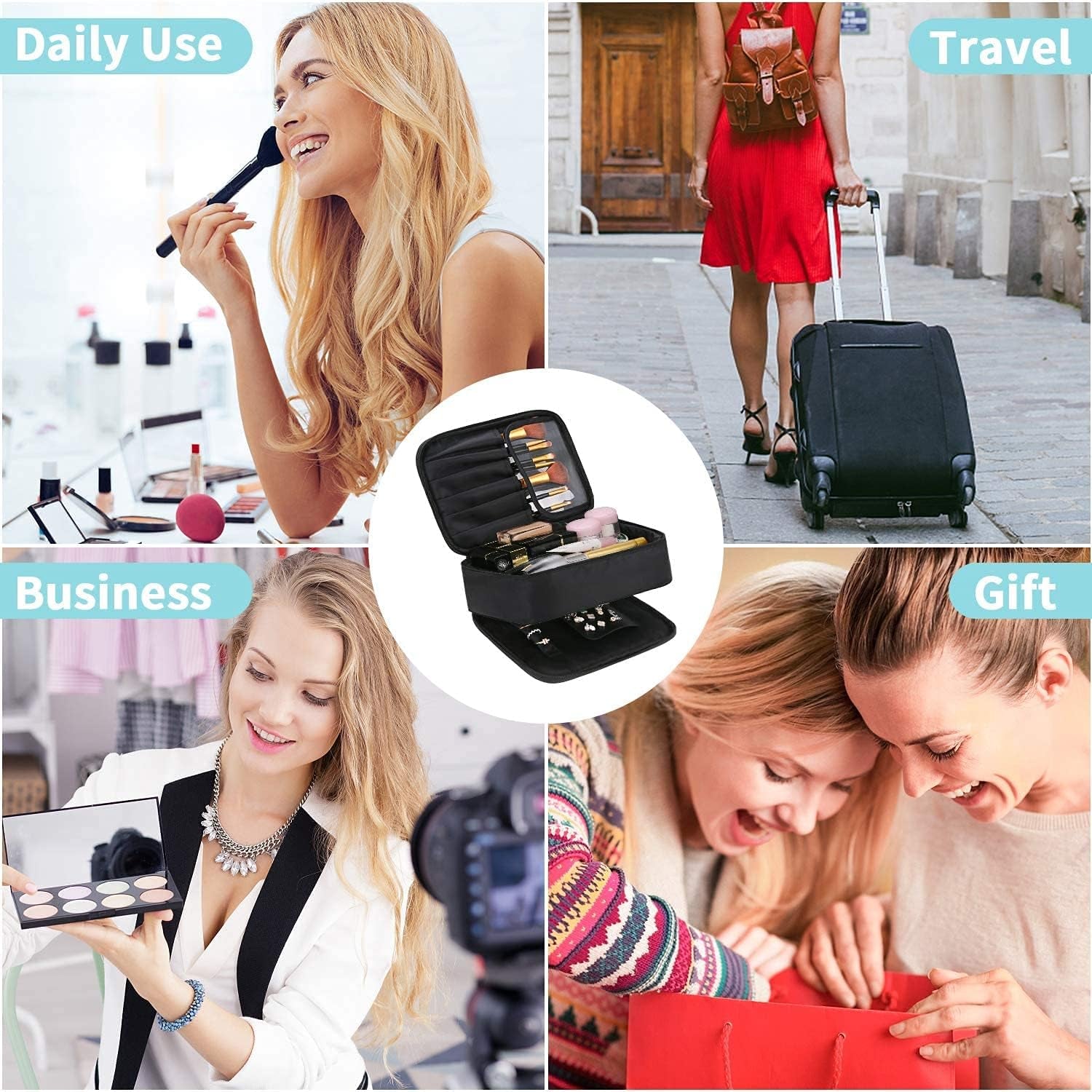 Waterproof Makeup and Jewelry Organizer for Women with Compartments (Black)