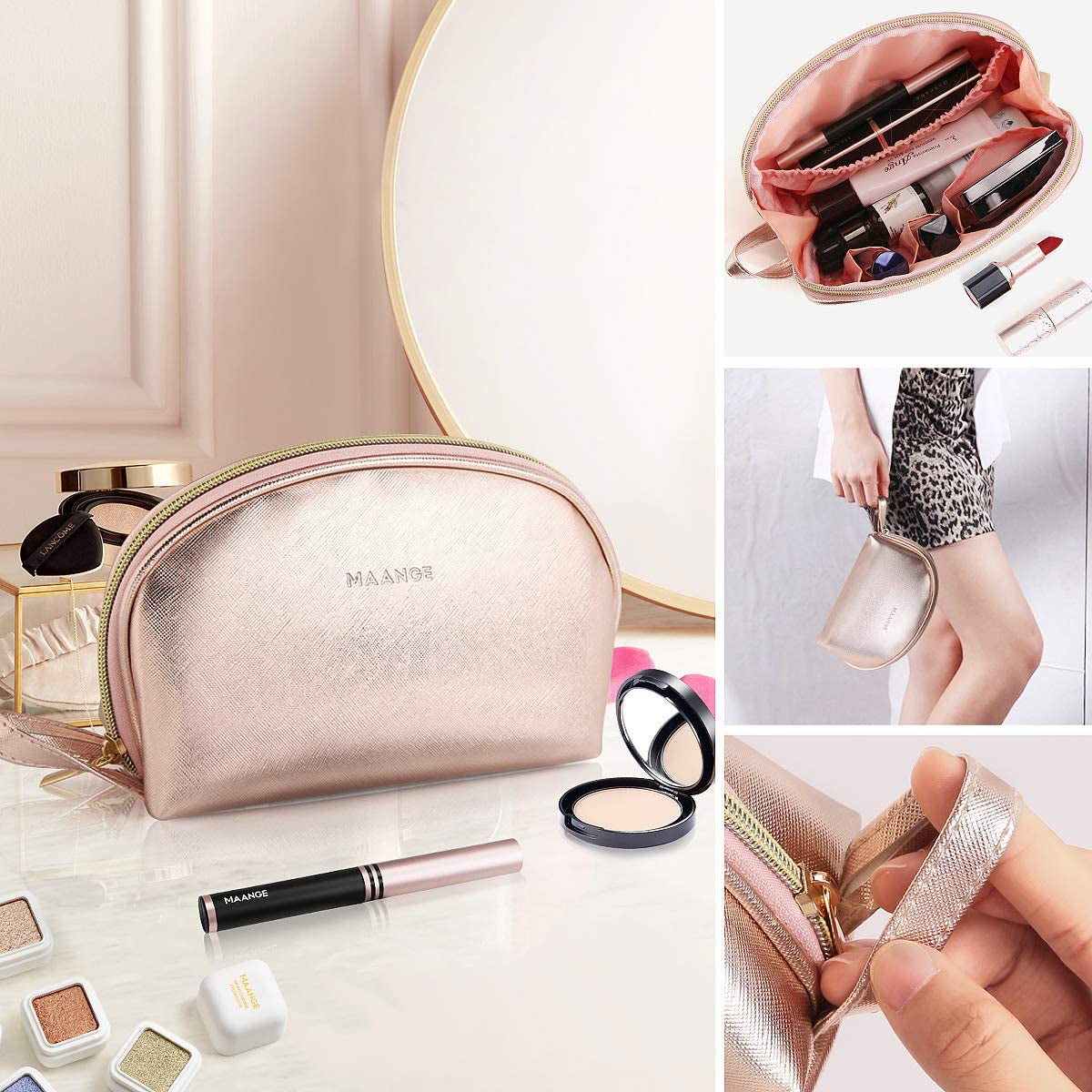 3-Piece Portable Travel Makeup Bag Set - Large Organizer with Gold Zipper and Waterproof Toiletry Bags for Women and Girls (Rose Gold)