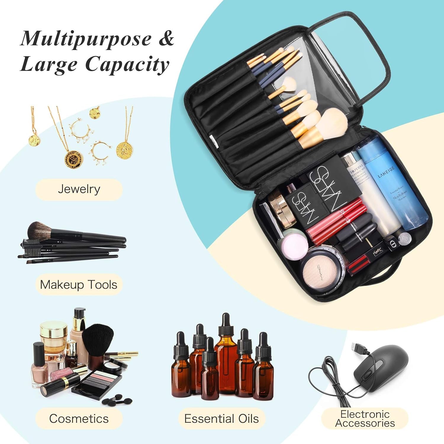 Waterproof Makeup and Jewelry Organizer for Women with Compartments (Black)