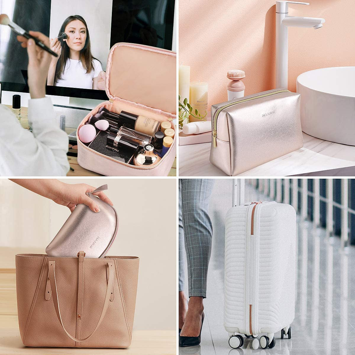 3-Piece Portable Travel Makeup Bag Set - Large Organizer with Gold Zipper and Waterproof Toiletry Bags for Women and Girls (Rose Gold)