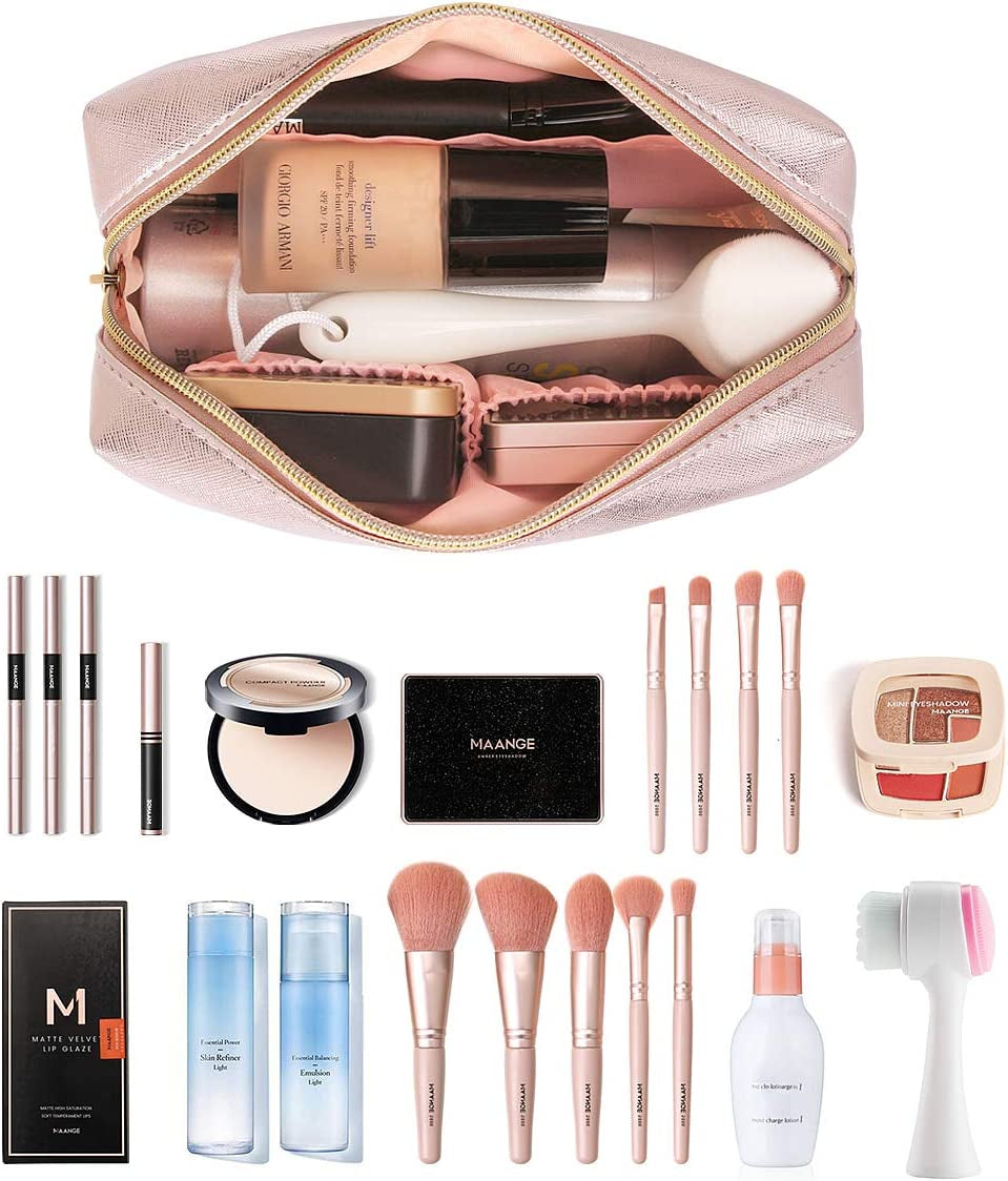 3-Piece Portable Travel Makeup Bag Set - Large Organizer with Gold Zipper and Waterproof Toiletry Bags for Women and Girls (Rose Gold)
